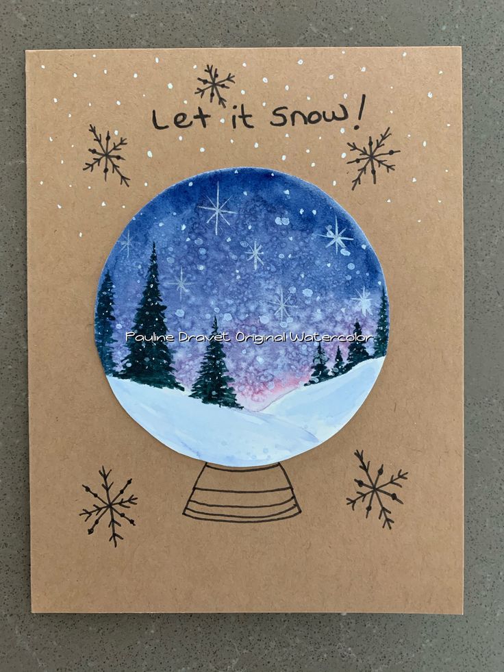 a card with a snow globe on it and trees in the background that says let it snow