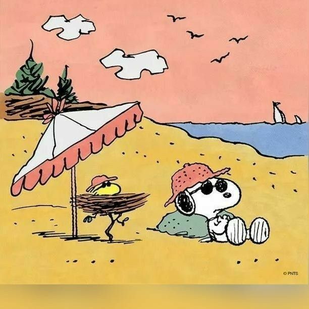 a cartoon dog sitting under an umbrella on the beach