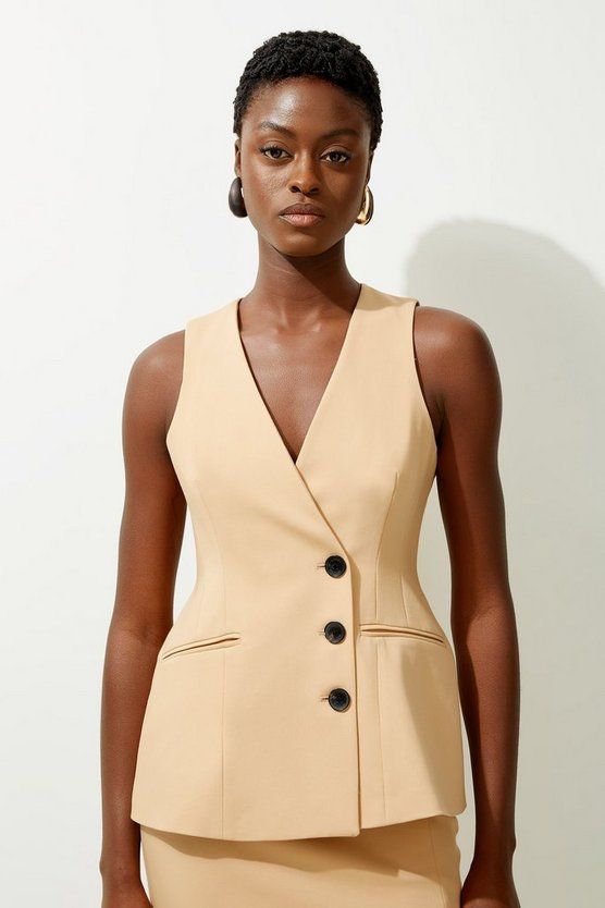 Tailored Wrap Vest | Karen Millen Chic Fitted Vest For Day Out, V-neck Vest With Button Closure For Summer, Summer V-neck Vest With Button Closure, Fitted V-neck Vest With Button Closure, Sleeveless Summer Workwear Vest, Summer Sleeveless Workwear Vest, Fitted V-neck Vest For Day Out, Chic Summer Vest For Workwear, Chic Summer Workwear Vest