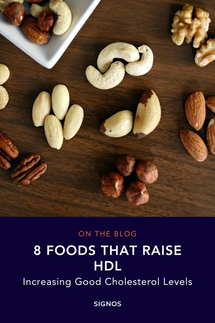 nuts on the table with text that reads 8 foods that raise hdl increasing god's cholester levels