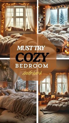 three pictures of a cozy bedroom with lights