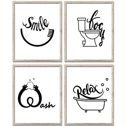 four black and white bathroom wall art prints with the words smile, relax, relax