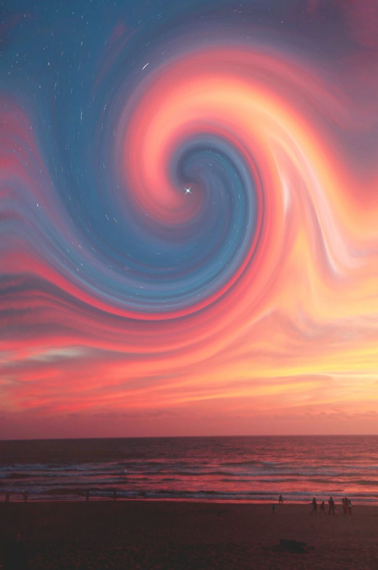 the sky is filled with swirls and stars as people walk on the beach at sunset