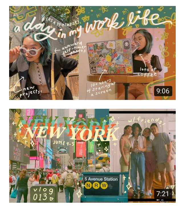 two pictures with people in the background and an advertisement for new york written on them