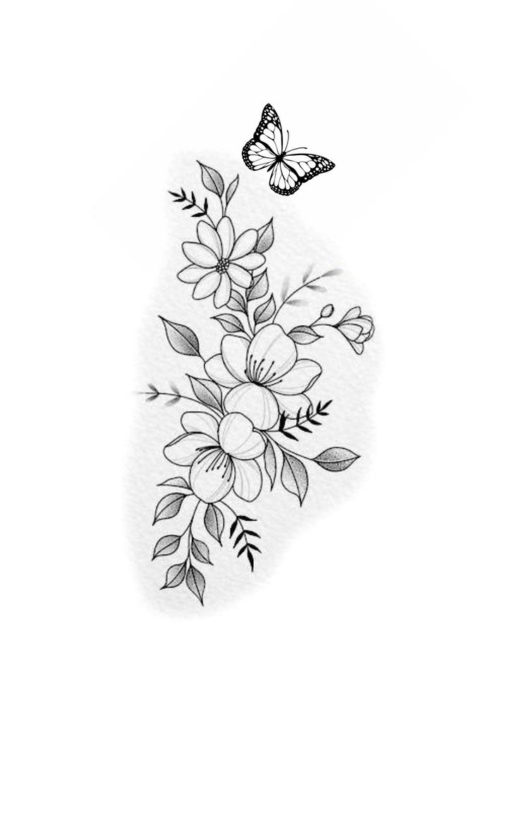 a drawing of flowers and a butterfly on a white background