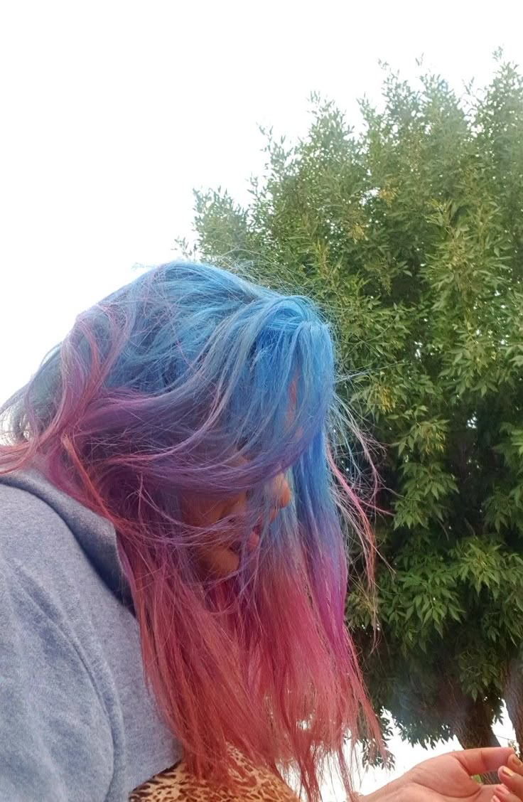 Colourful Hair Aesthetic, Blue To Pink Ombre Hair, Blue Roots Pink Hair, Blue Hair Pink Tips, Cool Dyed Hair Ideas Short With Bangs, Coloured Hair Aesthetic, Pastel Teal Hair, Blue Pink Hair, Pink And Blue Hair