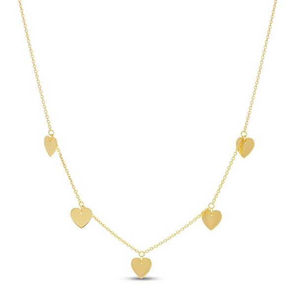 Hearts styled in 14K yellow gold dangle from a cable chain in this sweet choker necklace for her. The necklace adjusts to 17 inches in length and secures with a lobster clasp. Valentine's Day Charm Necklaces With Dangling Charms, Dainty Necklace With Dangling Charms For Valentine's Day, Valentine's Day Dangle Necklaces With Charms, Valentine's Day Dangling Charms Necklaces, Dainty Valentine's Day Necklace With Dangling Charms, Valentine's Day Necklace With Dangling Charms, Charm Choker Necklace, Heart Necklaces, Necklace For Her