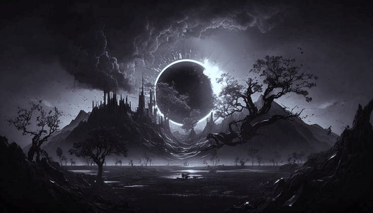 an image of a dark fantasy scene with a giant moon in the sky and trees