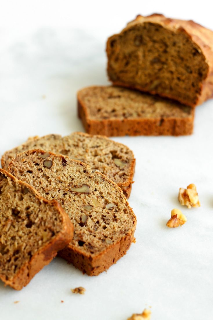 two slices of banana nut bread on a white surface