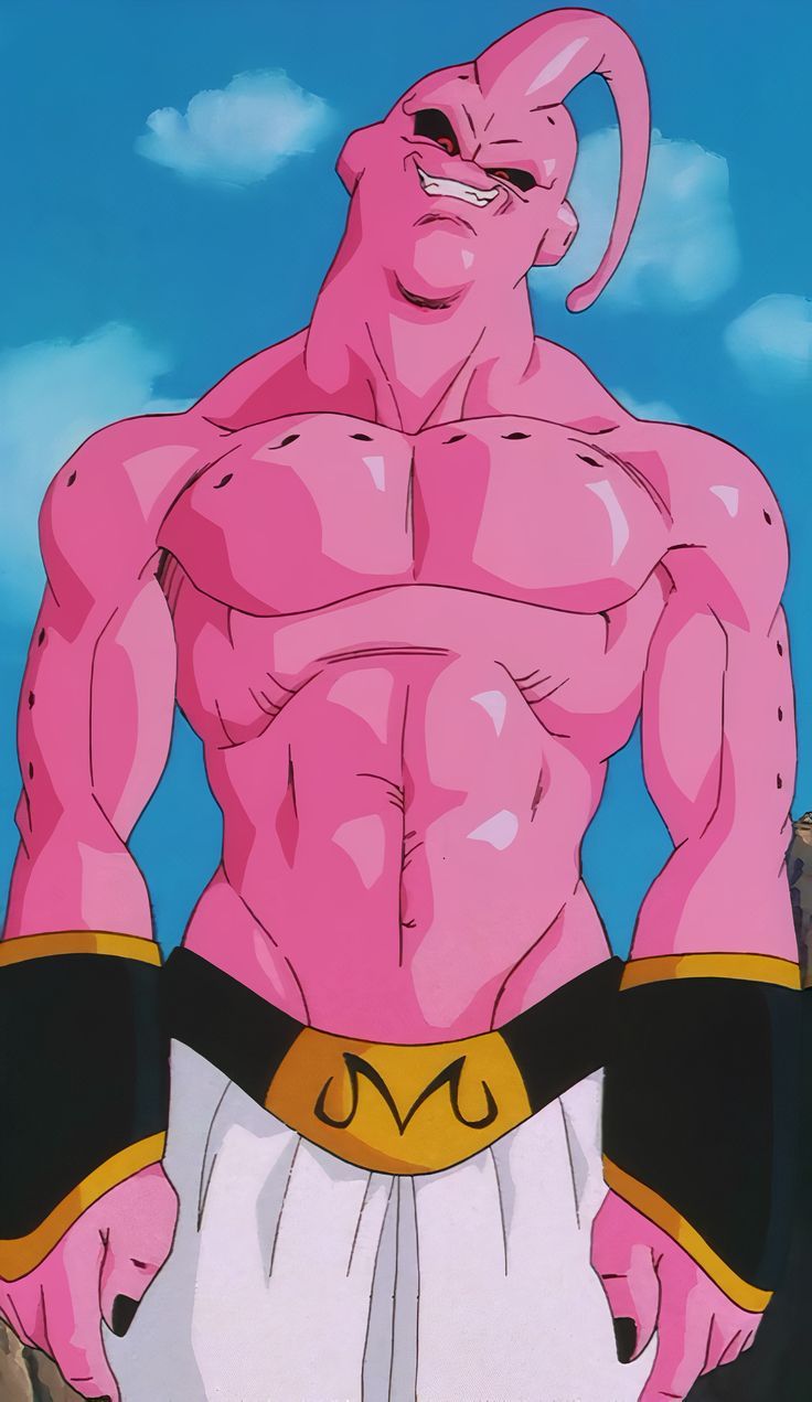 an animated pink man standing in front of a blue sky