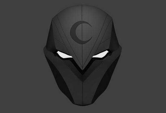 a black mask with white eyes and a crescent symbol on the face, in front of a dark background