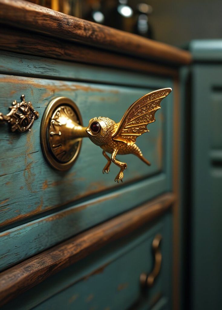 a close up of a drawer with a gold dragon door handle on it's side