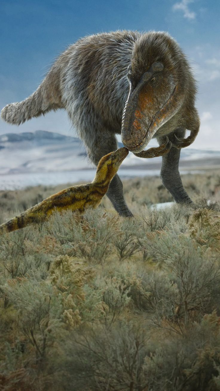 an artist's rendering of a dinosaur eating a snake