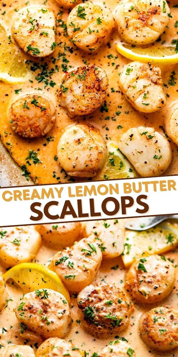 two pictures of lemon butter scallops in a skillet with the words creamy lemon butter scallops on it