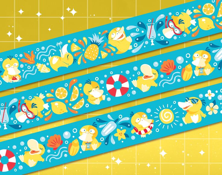 two blue and yellow washi tapes with cartoon animals on them