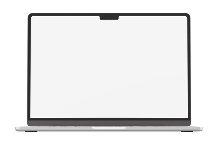 an open laptop computer sitting on top of a white surface with a blank screen in front of it