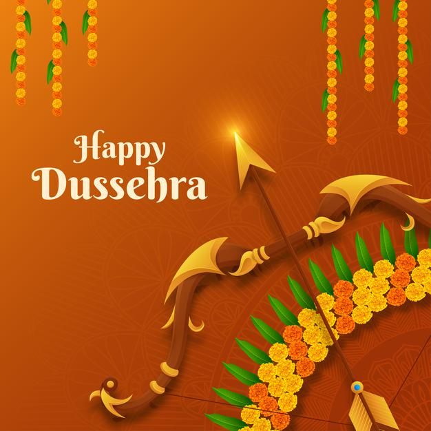 happy dussendra with flowers and arrows on an orange background for diwaling