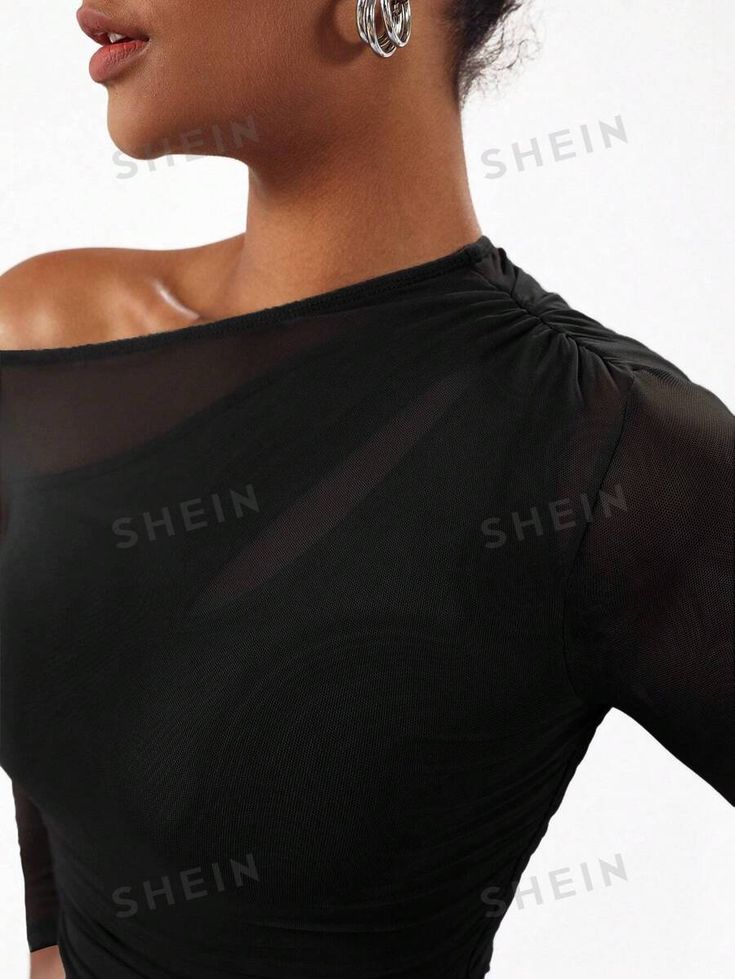 Details:Asymmetrical \nNeckline:Asymmetrical Neck \nStyle:Casual \nDetails:Contrast Mesh \nWaist Line:High Waist \nType:Other \nDetails:Ruched \nSleeve Type:Regular Sleeve \nColor:Black \nPattern Type:Plain \nSleeve Length:Long Sleeve \nFit Type:Slim Fit \nFabric:Medium Stretch \nMaterial:Mesh Fabric \nComposition:95% Polyester \nComposition:5% Elastane \nCare Instructions:Machine wash or professional dry clean \nPockets:No \nBody:Unlined \nSheer:No \n Clothes For Autumn, Fall Bodysuit, Sheer Bodysuit, Women Clothes, Mesh Fabric, Winter Women, Autumn Winter, High Waist, Fall Winter