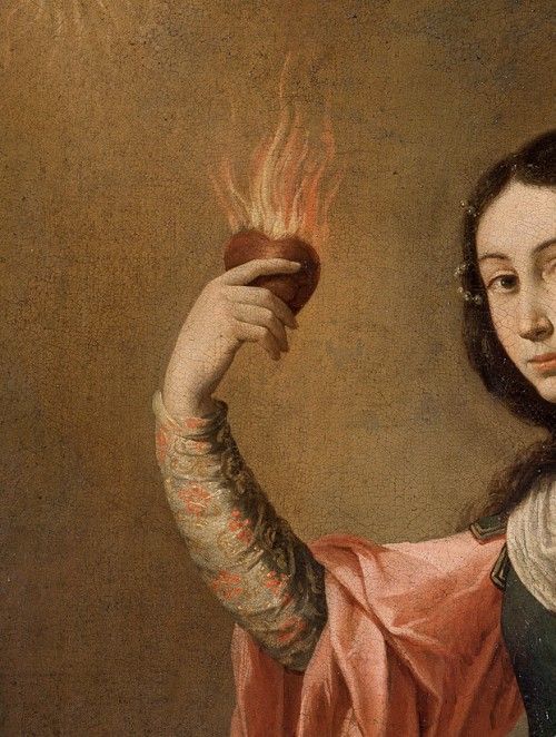 a painting of a woman holding a lit candle in her right hand