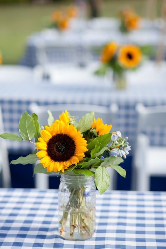 a vase filled with sunflowers sitting on top of a blue and white checkered table