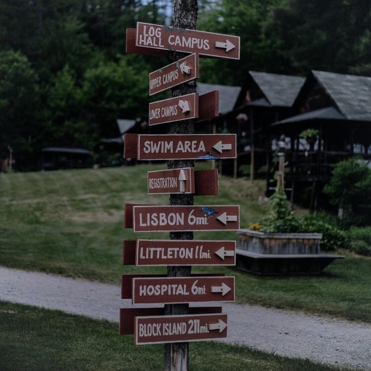 there are many signs on the pole pointing to different places in the park that you can see