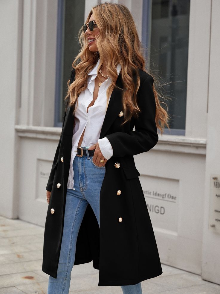 Black Elegant  Long Sleeve Wool-Like Fabric Plain Regular Embellished Non-Stretch Fall/Winter Women Outerwear Drop Shoulder Coat, Trendy Christmas Outfits, Preppy Prom, Trendy Business Casual, Business Formal Dress, Coachella Dress, Long Coat Jacket, Boho Bridesmaid, Women Overcoat