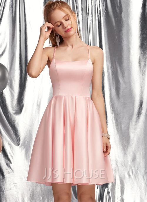 A-Line Square Short/Mini Satin Prom Dresses (018254568) - JJ's House Short Prom Dresses For Teens Simple, Homecoming Dresses Mid Thigh Length, Wedding Guest Short Dresses, Homecoming Skater Dress, Grad Dresses Year 6, Short Grade 8 Grad Dresses, What Dress To Wear Body Types, Year 6 Formal Dresses, Pink Hoco Dress Flowy