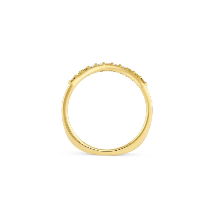 a yellow gold ring with small diamonds on the side, set against a white background