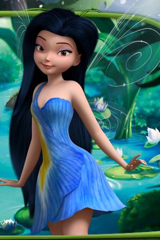 a cartoon girl in a blue dress standing next to a pond with lily pads on it