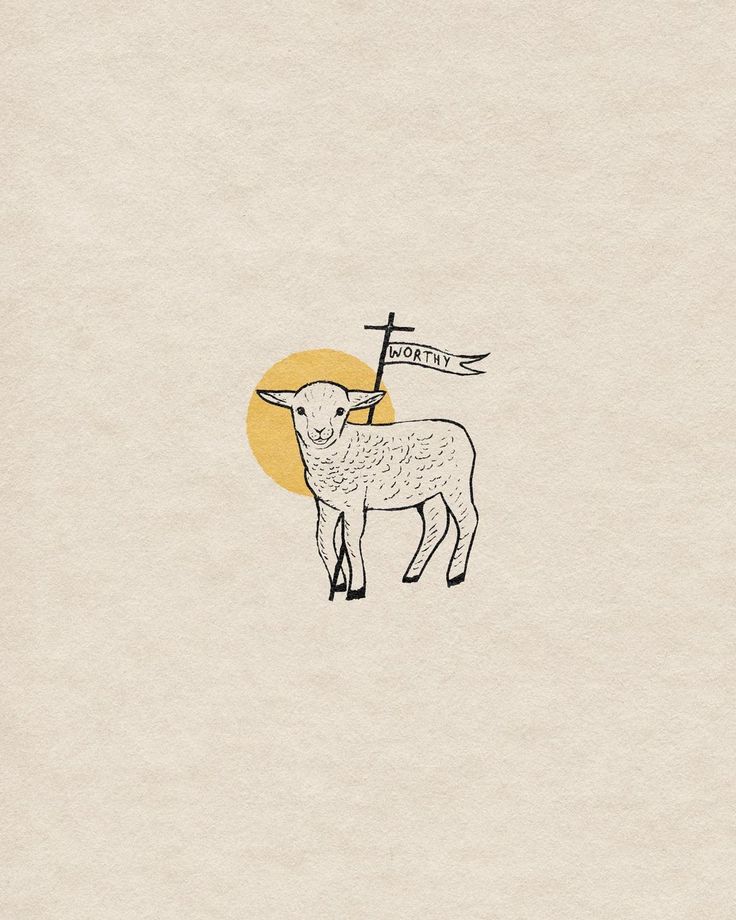 a drawing of a sheep with a cross on it's head and the sun in the background