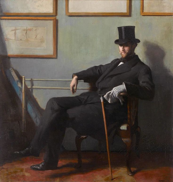 a painting of a man sitting in a chair wearing a top hat and holding a cane