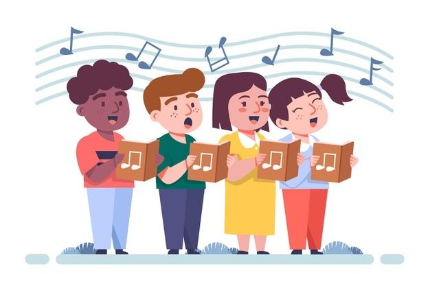 group of people singing with musical notes in the background illustration design, flat cartoon style