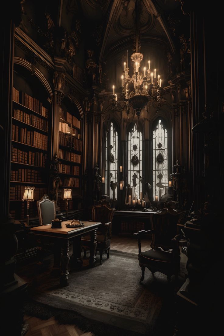 an old library with chandeliers and bookshelves in the dark, lit by candles