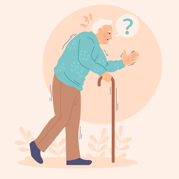 an old man walking with a cane and question mark on the wall behind his head