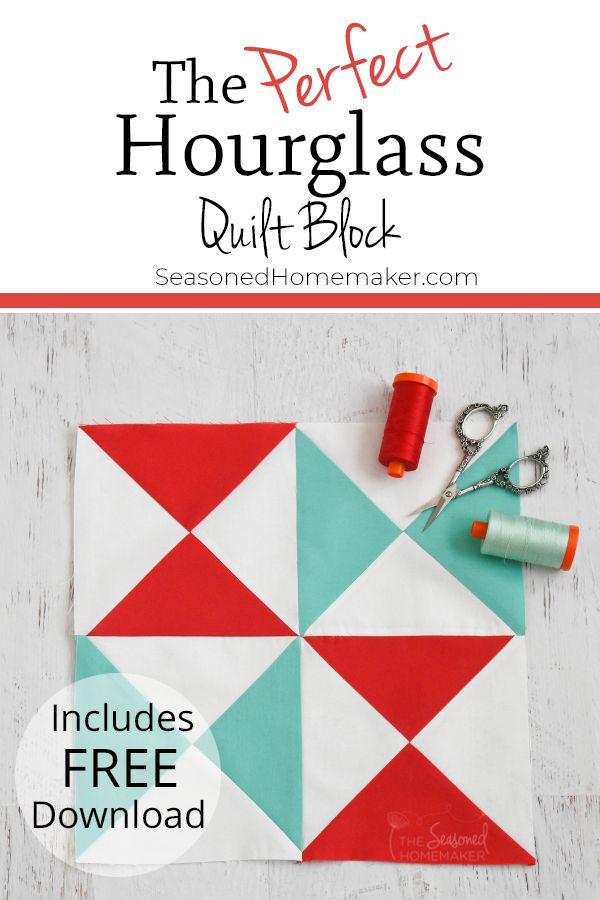 the perfect hourglass quilt block with scissors and thread