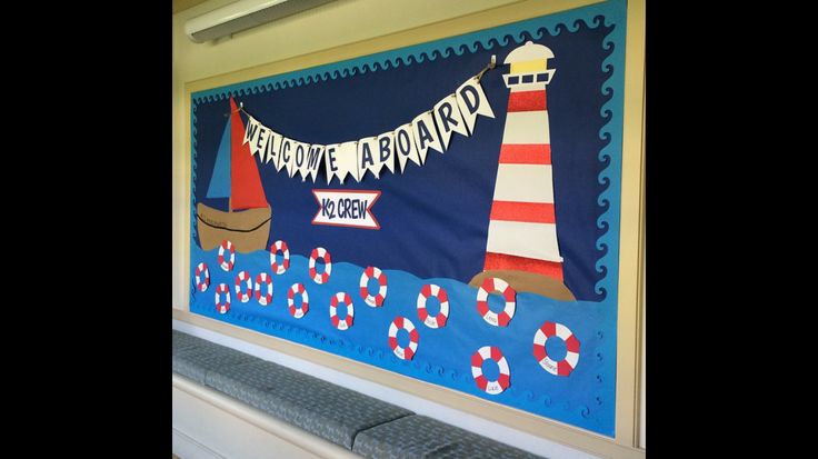 a bulletin board with boats and lighthouses on the front, along with life preservers