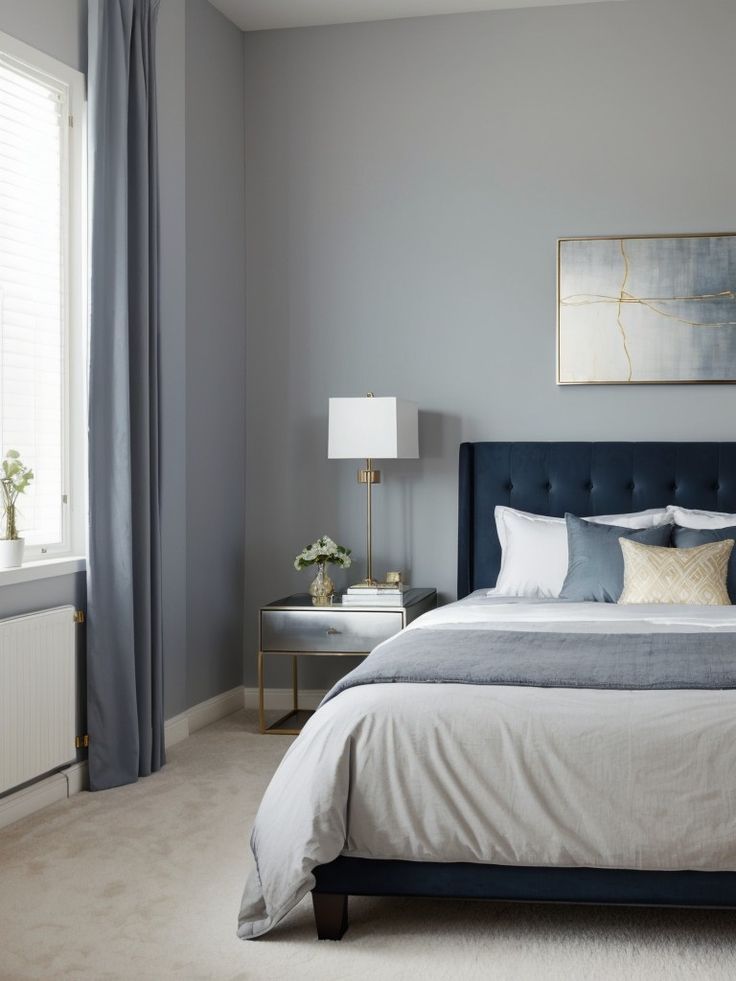 a bedroom with gray walls and white bedding, blue headboard, and nightstands