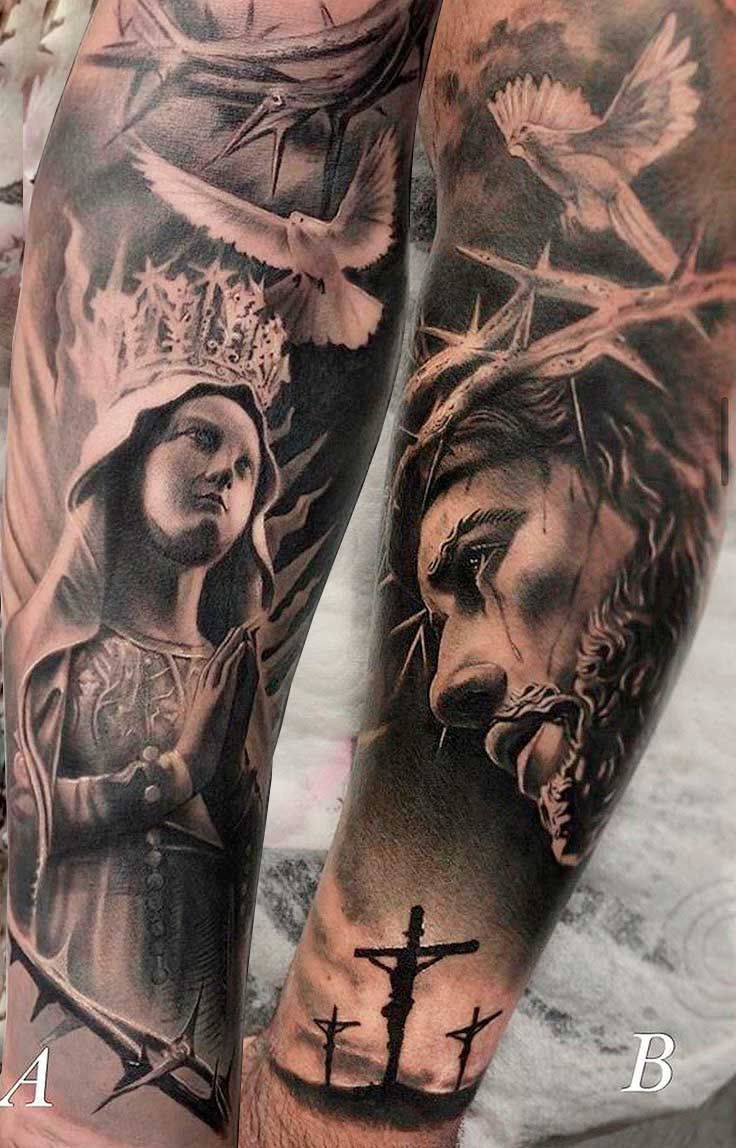 Jesus Forearm Tattoo, Jesus Tattoo Sleeve, Religious Tattoo Sleeves, Angel Sleeve Tattoo, Christus Tattoo, Jesus Tattoo Design, Arm Sleeve Tattoo, Heaven Tattoos, Christ Tattoo