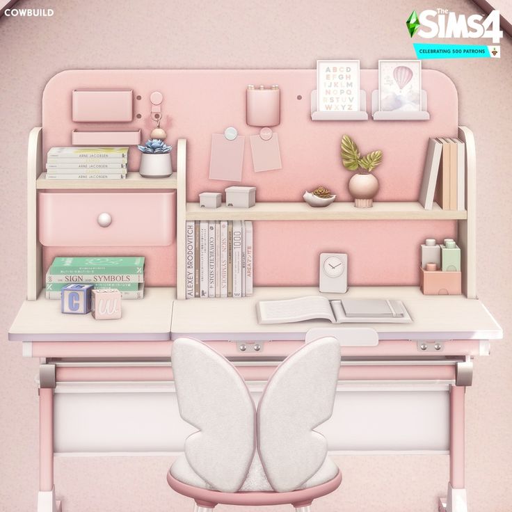 a computer desk with two white butterflies on it's legs and bookshelves