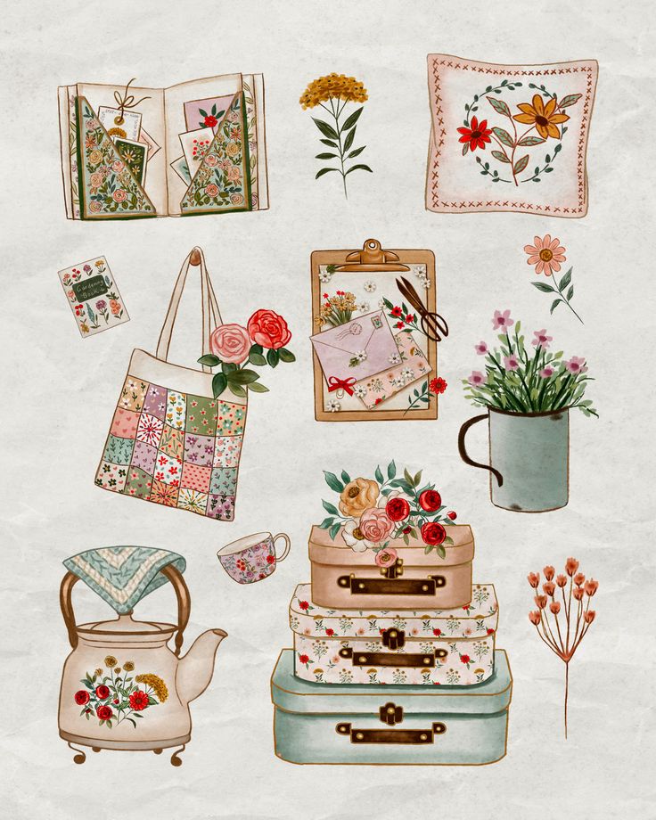 an illustration of flowers and suitcases with pictures on the wall behind them that are hand drawn