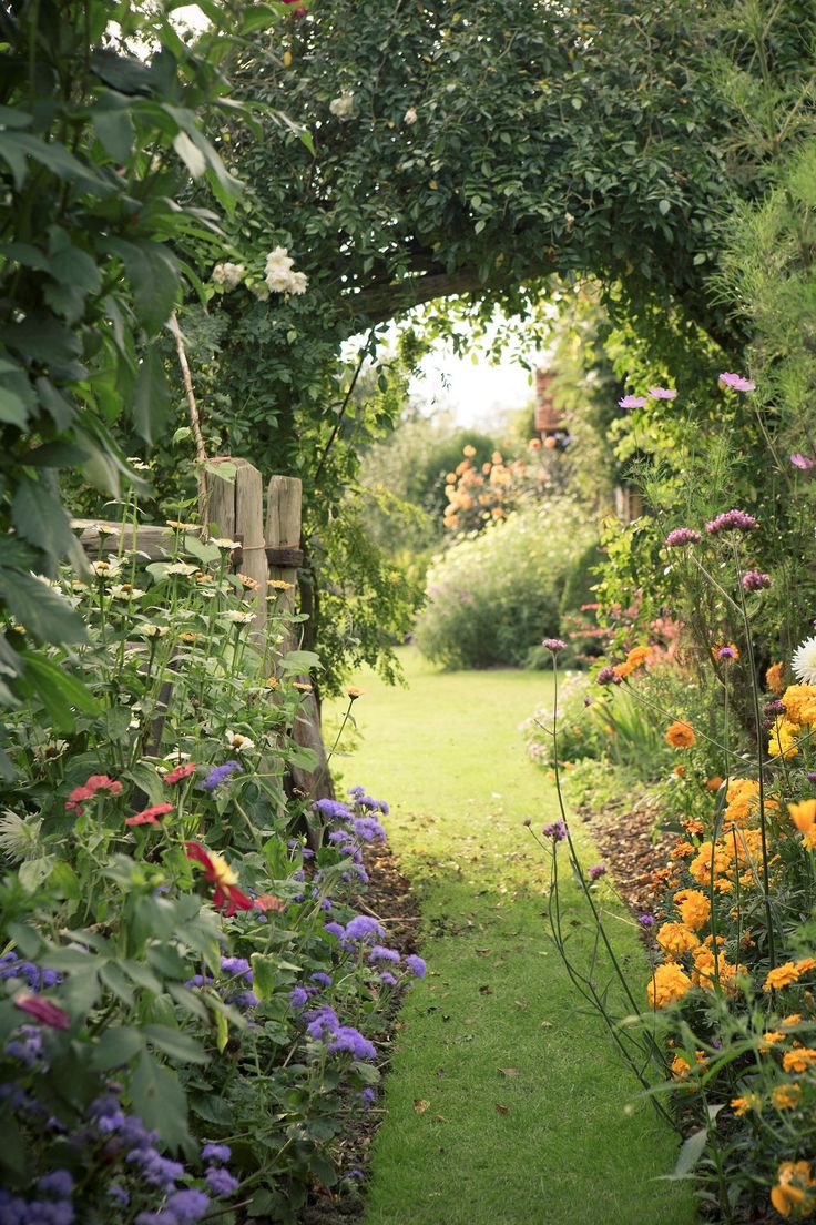 a garden with lots of flowers and plants growing on the side of it's path