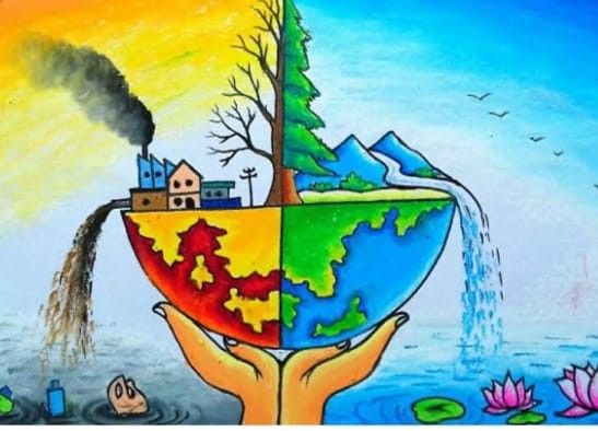 a drawing of the earth in hands with water and trees