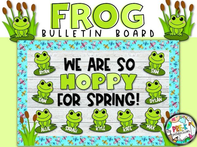 frog bulletin board with the words we are so happy for spring