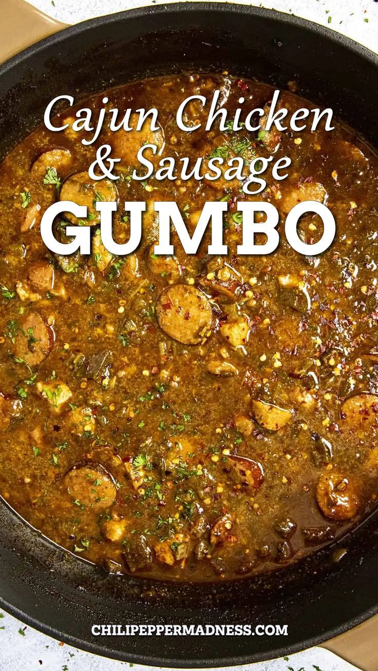 Cajun Chicken And Sausage Gumbo in a skilelt. Chicken And Sausage Gumbo Recipe, Cajun Cooking Recipes, Cajun Chicken And Sausage, Sausage Gumbo Recipe, Chicken Andouille Sausage, Gumbo Recipe Easy, Chicken And Sausage Gumbo, Dark Roux, Jambalaya Recipe Easy