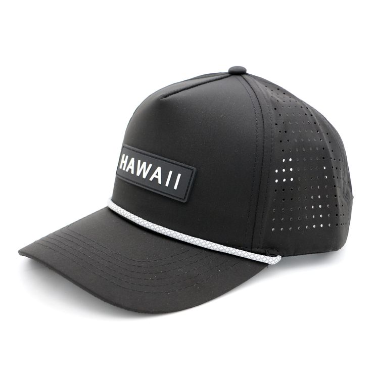 Hawaii Silicone Logo Hat - Black with White Trim This high-quality hat showcases a silicone patch with the word "HAWAII" on the front, along with a KoaWood Ranch woven label logo on the sweatband's inside (as seen in the description below). The perforated design ensures ultimate comfort, making it a sleek, cozy, and fashionable choice. Black 5-panel Baseball Cap For Summer, Black 5-panel Summer Baseball Cap, Adjustable Fitted Hat With Logo For Sports, Sports Trucker Hat With Logo Patch And Flat Brim, Black Breathable Hat With Curved Brim, Breathable Streetwear Hat One Size, Breathable Streetwear Hat One Size Fits Most, Breathable Streetwear Hat, Black Baseball Cap With Logo Patch For Sports