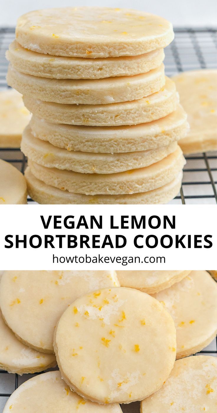 vegan lemon shortbread cookies stacked on top of each other with text overlay