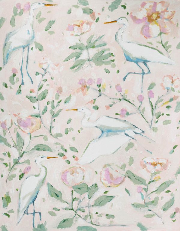 a painting of birds and flowers on a pink background