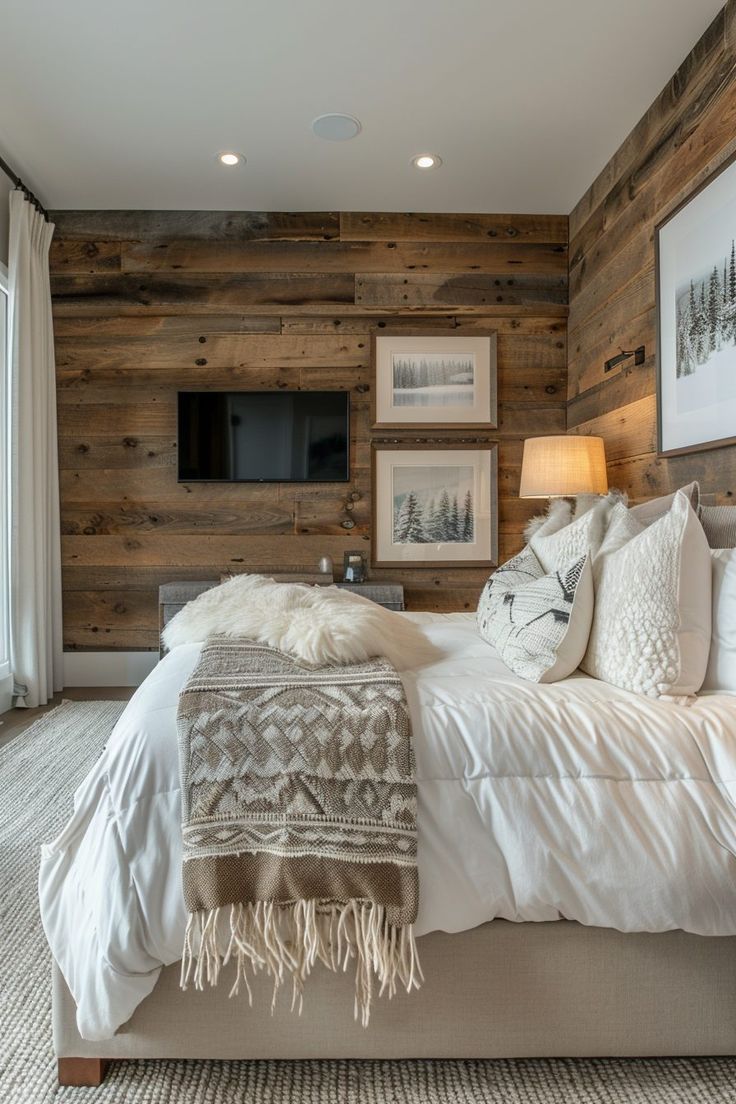 a bedroom with wood paneling and white bedding, pillows and blankets on the headboard