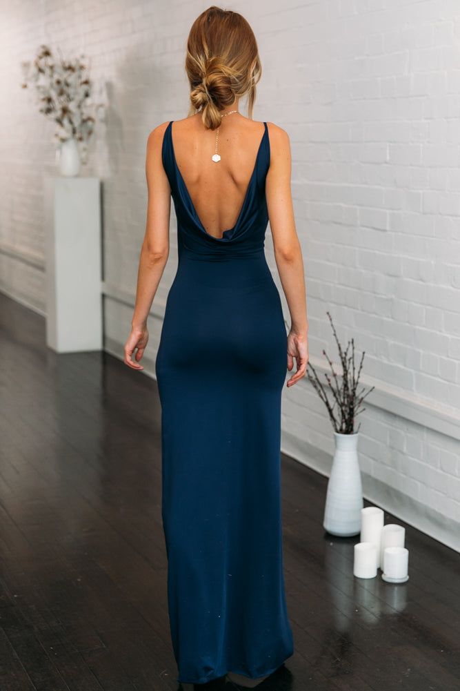 The Bullseye Maxi Dress has a stunning slimline silhouette with a cowl through the neckline and back. Supported on thin, non adjustable straps there are no buttons or zips, this style slips on. This elegant style also has a raw hem for a bit of edge! Style with a glamorous up-do and diamond earrings! Dress. Not lined. Cold hand wash only. Model is standard XS and is wearing XS. True to size. Stretchy fabric. Polyester/spandex. Grad Dresses, Maxi Dress Navy, Guest Outfit, Dance Dresses, Ball Dresses, Fancy Dresses, Kendall Jenner, Guest Dresses, Blue Dress