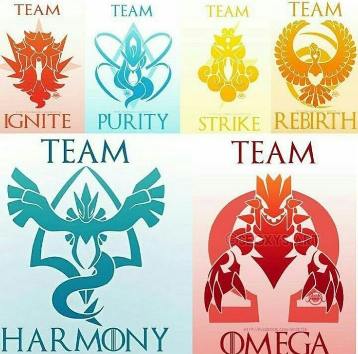 four different colored pokemon emblems with the word team